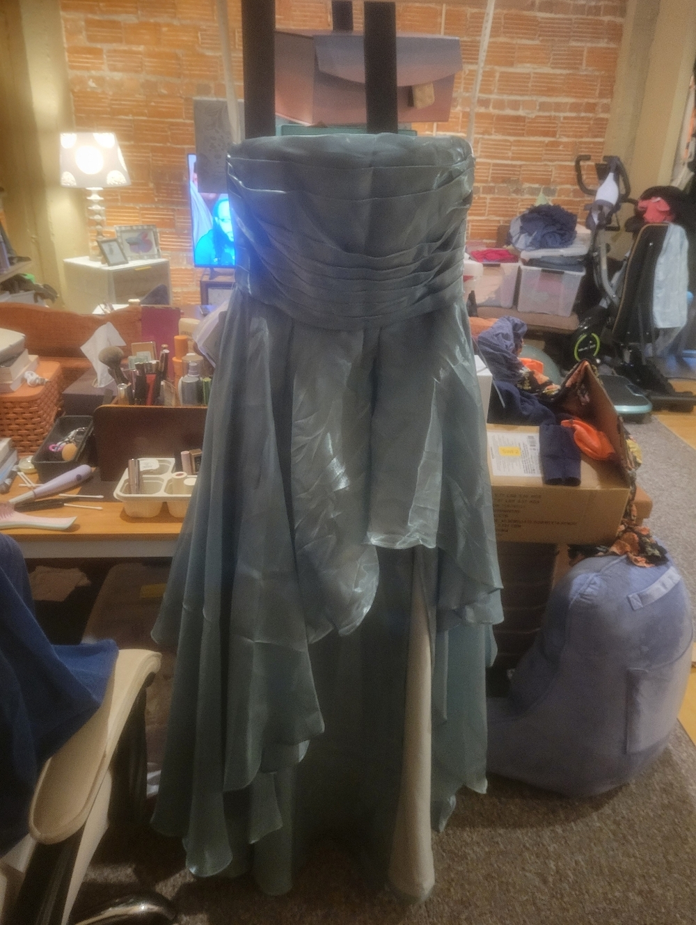 Azazie Shimmery Teal Lace-up back dress - Picture 4 of 5